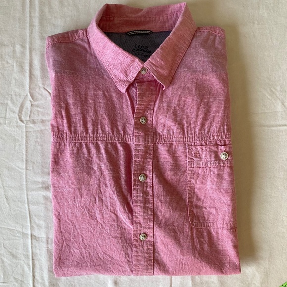 IZOD Shirt Mens XL Saltwater Button-Down Short Sleeve Pink Stripe Relaxed - Picture 8 of 8